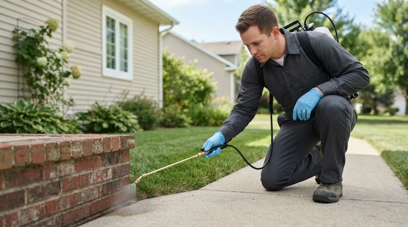 Pest control technician treating a home near Clay City, IN