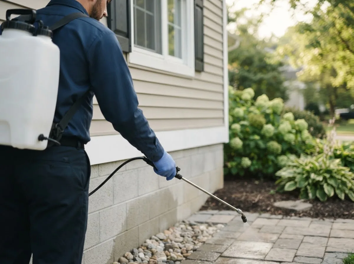 Pest control technician inspecting a home in Clay City, IN